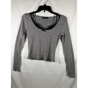 Mixed Threads Gray Ribbed Knit Lace Bow Cropped Long Sleeve Blouse L
